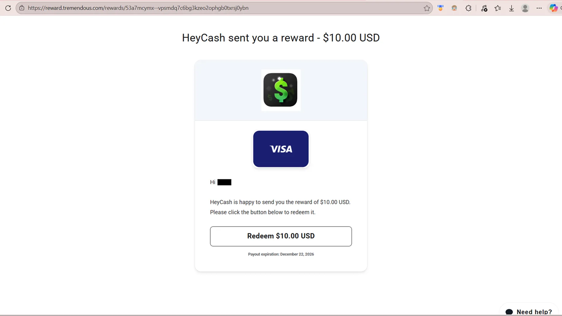 صفحة إثبات سحب بطاقة فيزا إفتراضية بقيمة 10 دولارات من HeyCash