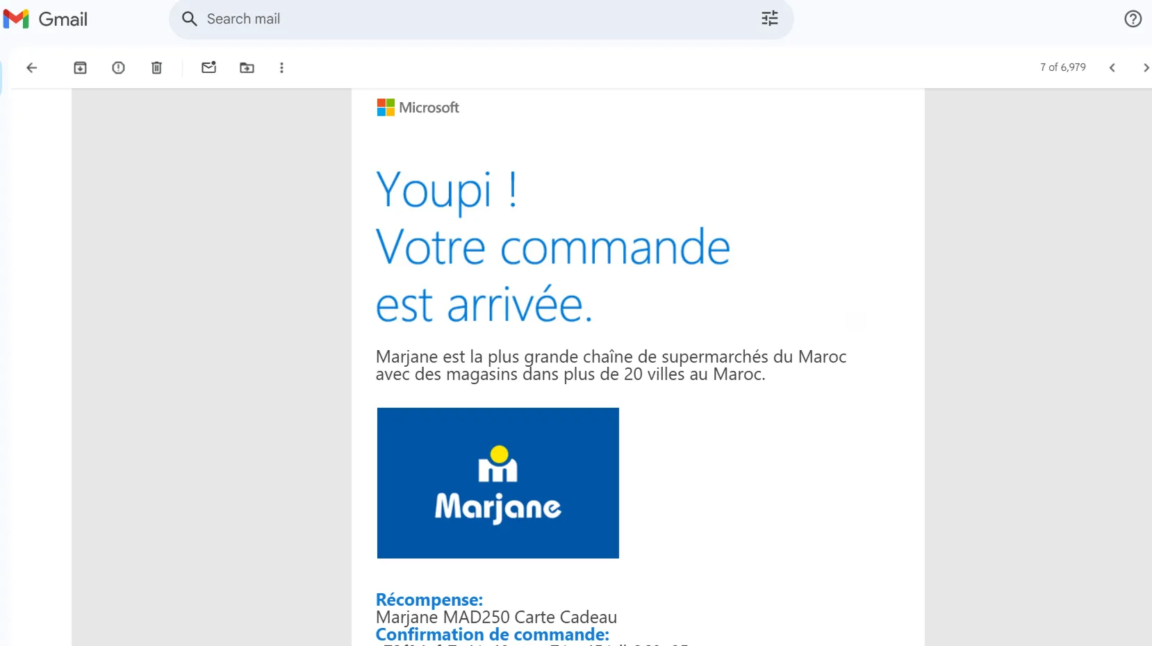 بريد إثبات سحب قسيمة مرجان بقيمة 250 درهم من microsoft rewards